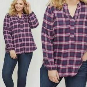 2/$30 Lane Bryant Plaid Balloon Sleeve Shirt Purple Rayon 2X Plus Size 18/20